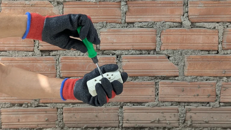 Gloved hands using a screwdriver on an electrical outlet