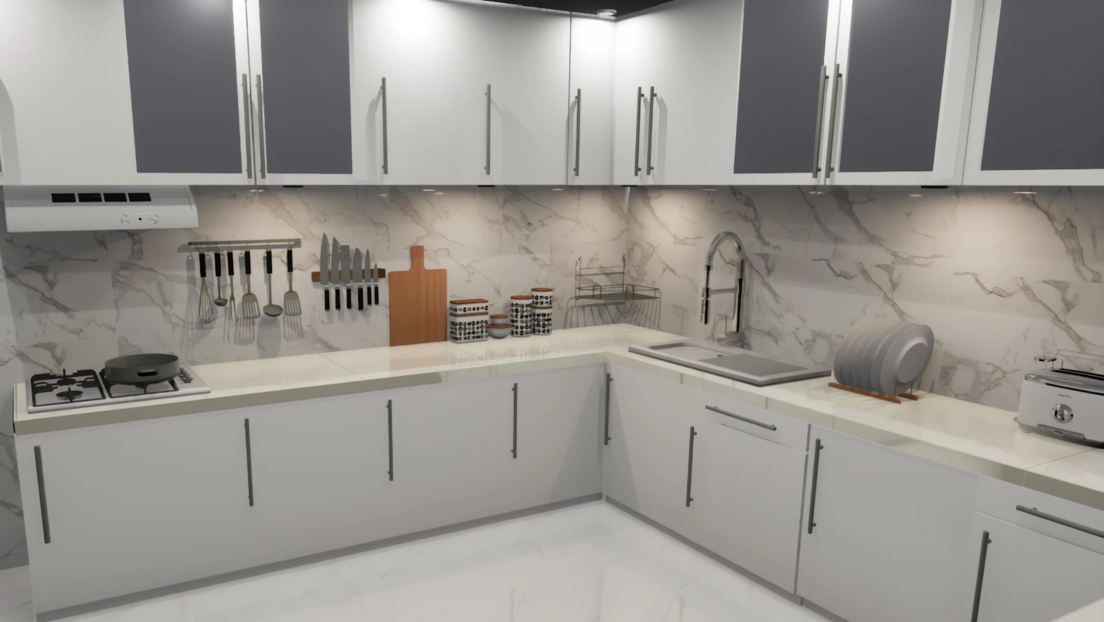 Kitchen with white cabinets and marble countertops