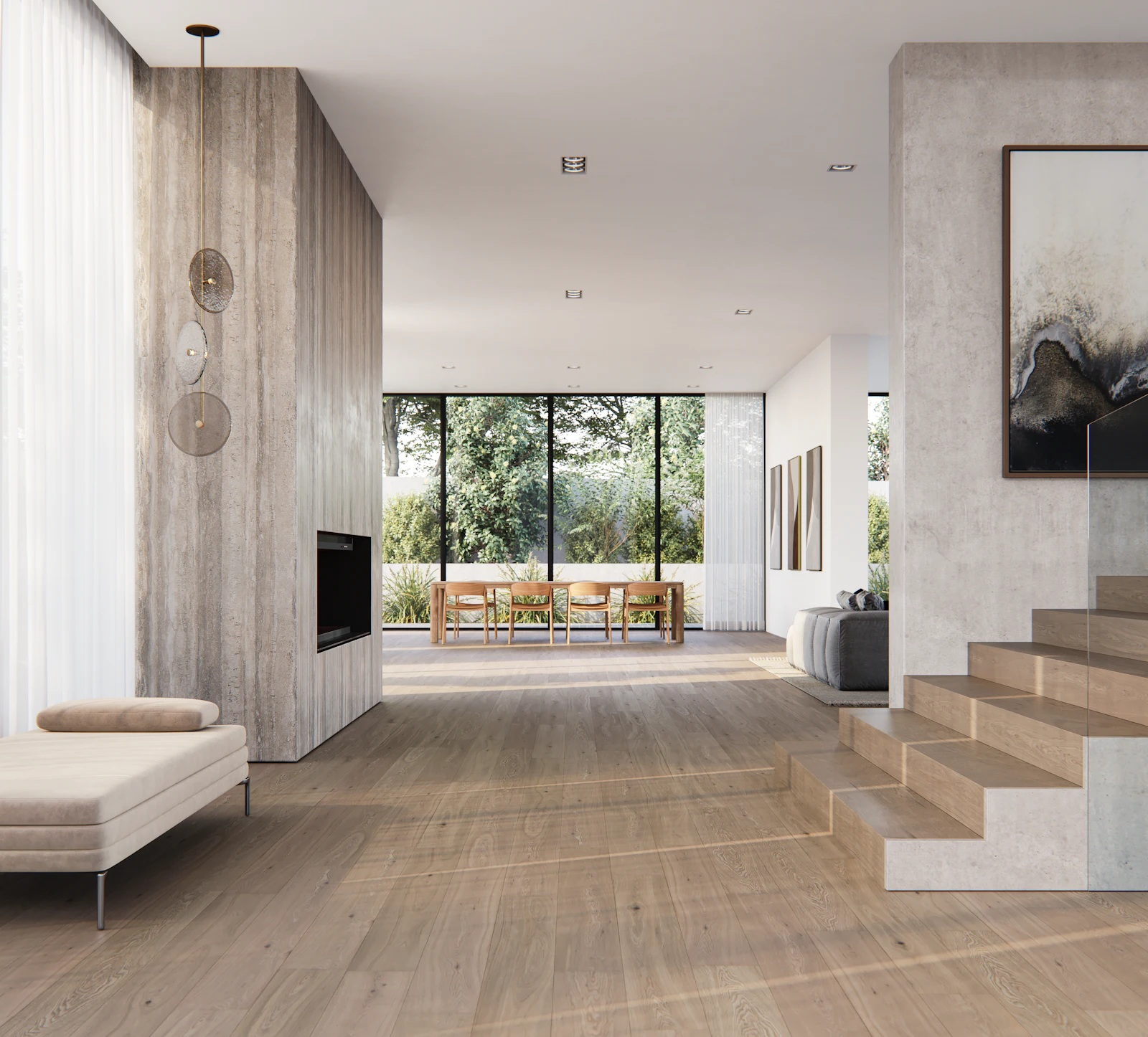 Modern living room with a fireplace and plank flooring