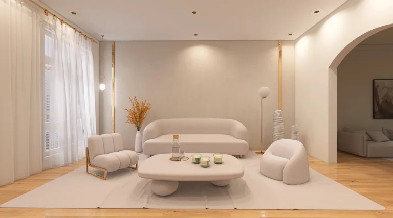 Light living room with a white sofa and smooth painted walls
